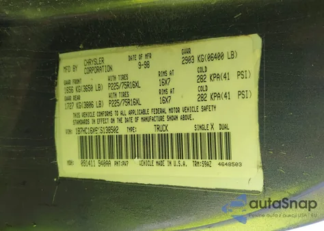 1999 Dodge Ram 1500 St/Ws from USA, damaged, VIN 1B7HC16X6XS138502